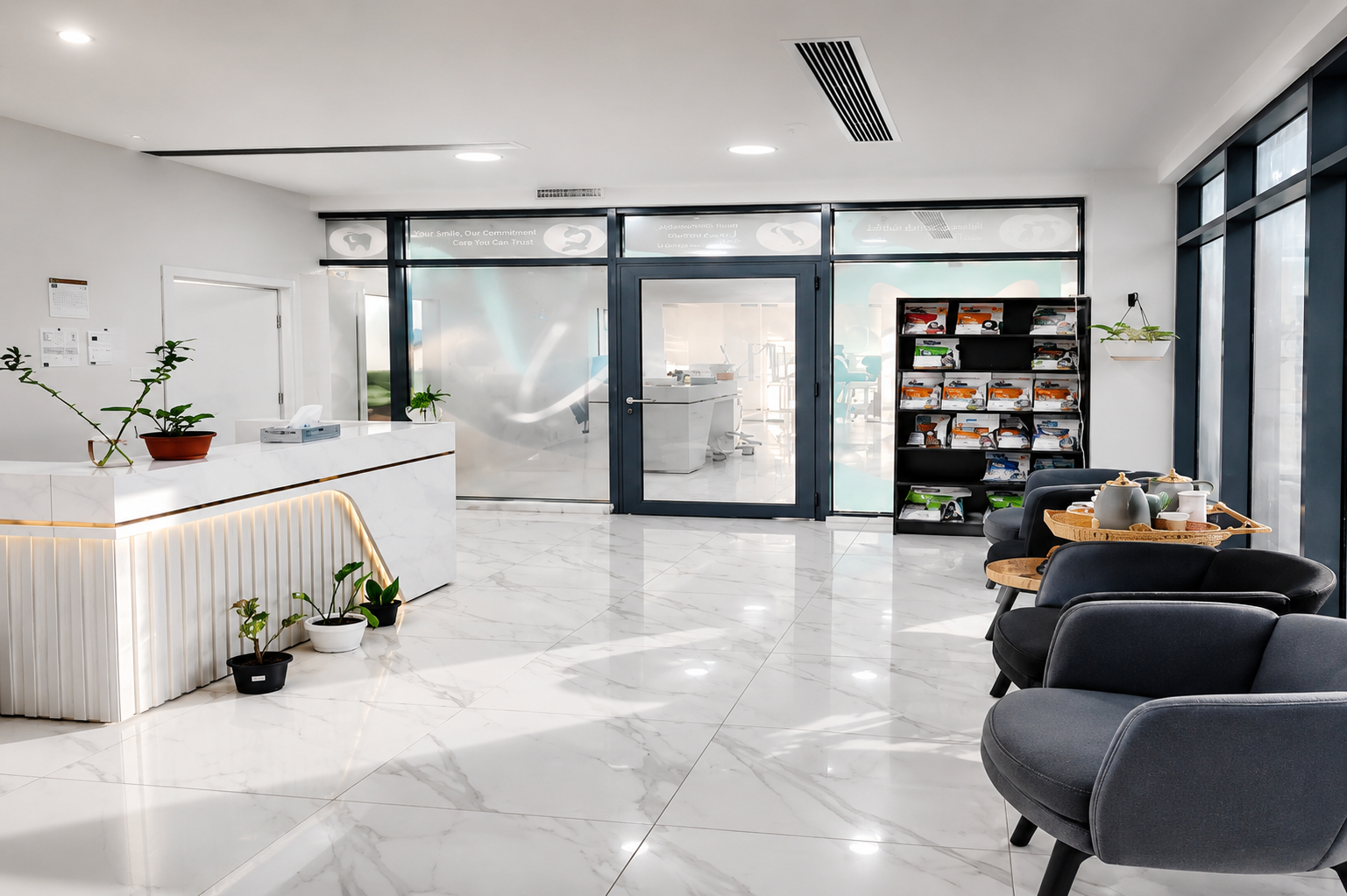 Bright marble reception area with comfortable seating